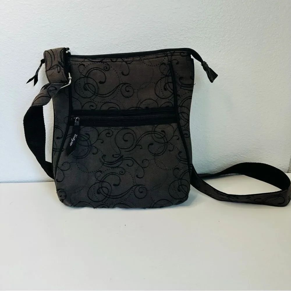 Thirty One‎ Brown Black Scroll Embroidered Crossbody Bag